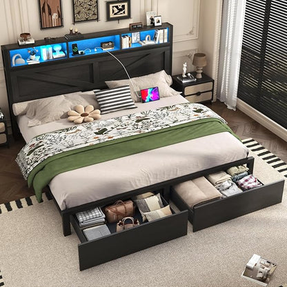 Farmhouse King Bed Frame with Bookcase Storage Headboard, Charging Station, LED Light and 2 Storage Drawers, Noise Free, No Box Spring Needed, Black