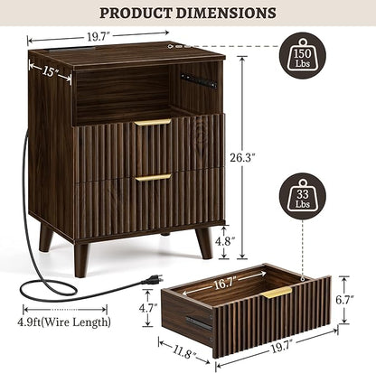 Fluted Nightstand with USB Charging Station, 3-Drawer Dresser Bedside Table with Soft Close Drawers & Large Storage, Modern Wood End Table for Bedroom