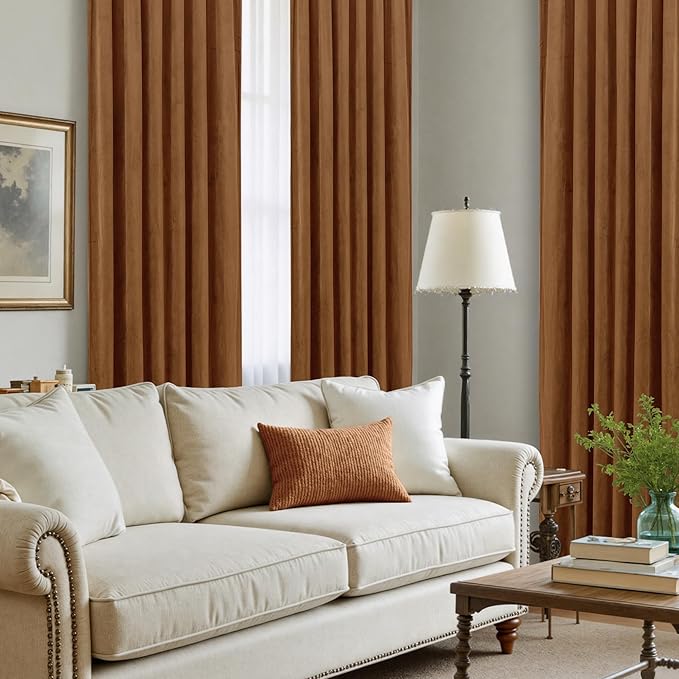 LAMIT Bronze Brown Velvet Curtains for Living Room 102 Inches Long, Mid Century Thermal Blackout Curtains Room Darkening Back Tab and Rod Pocket Panels for French Country, 2 Panels, 52 x 102 Inch