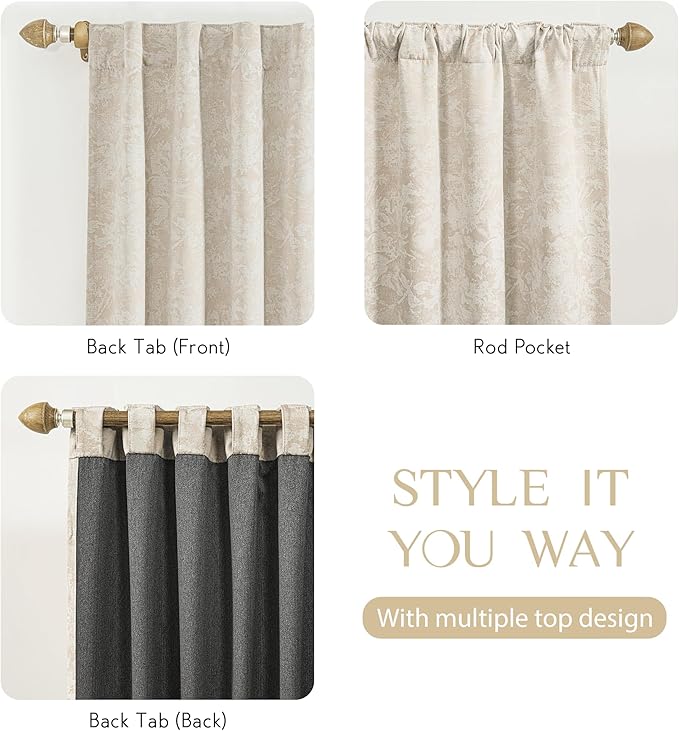 Beauoop Beige Floral Jacquard Blackout Curtains 108 Inches Long 2 Panels for Bedroom Living Room Chenille Flower Room Darkening Thermal Insulated Soundproof Rod Pocket Back Tab Window Drapes 52x108