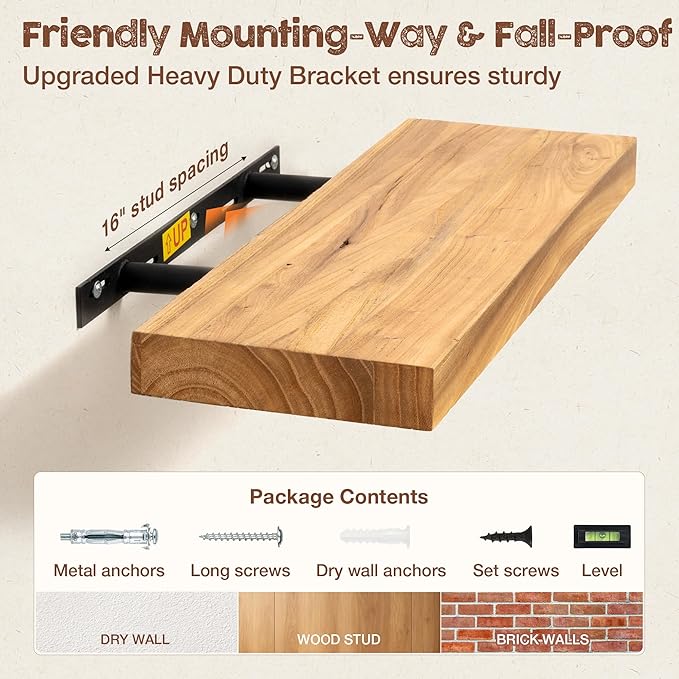 fuqing Floating Shelves for Wall, 36 inch Rustic Solid Elm Wood Floating Shelves, Wooden Wall Shelves with Invisible Heavy Duty Brackets for Living Room, Bedroom, Kitchen, Bathroom, 2 Pack, Natural