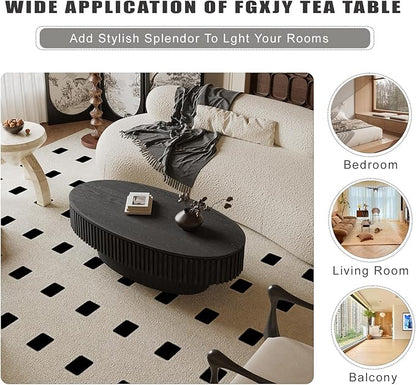 Oval Coffee Table with Storage, Modern Black Coffee Table with Solid Wood Veneered, Fluted Center Table Wood Drum Tea Table for Living Room Apartment, 47.2''L×23.6''W×14.2''H