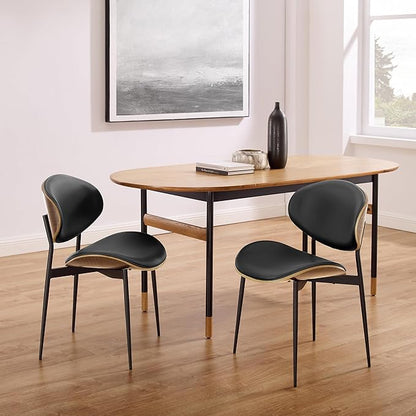 Art Leon Genuine Leather Dining Chairs Set of 4, Mid Century Modern, Upholstered Kitchen Dining Room, Armless Accent with Walnut Bendwood, Brown