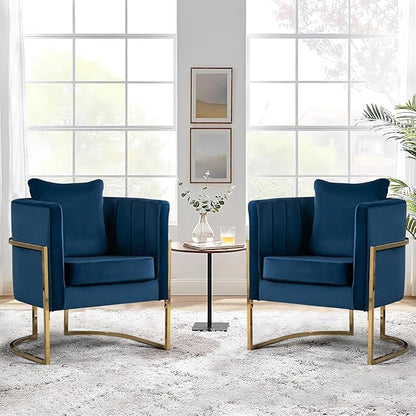 Velvet Modern Accent Chair, Upholstered Barrel Armchair Mid Century with Pillow for Living Room, Comfy Single Vanity Chair with Metal Gold Legs for Bedroom, Blue