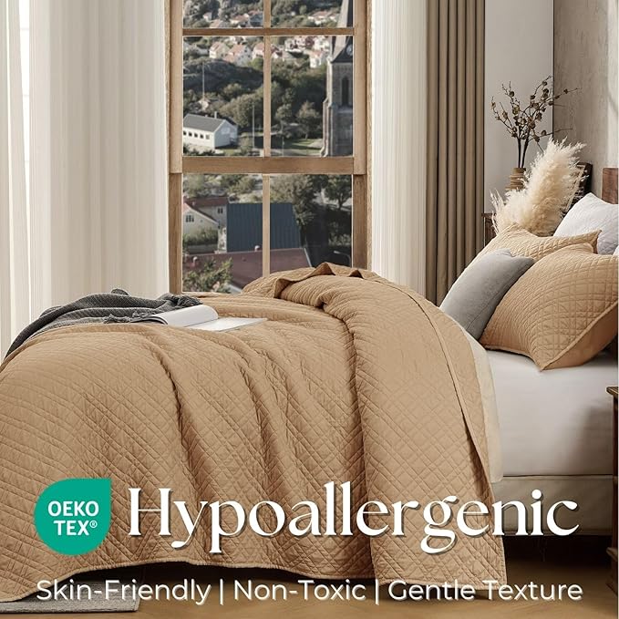 DOWN HOME Twin Quilt Set with Sham Lightweight Quilted Bedspread Coverlet Thin Comforter Bed Cover Vintage Washed Quilted Blanket for All Season, Brushed Microfiber Diamond Stitching, Brown, 66"x92"