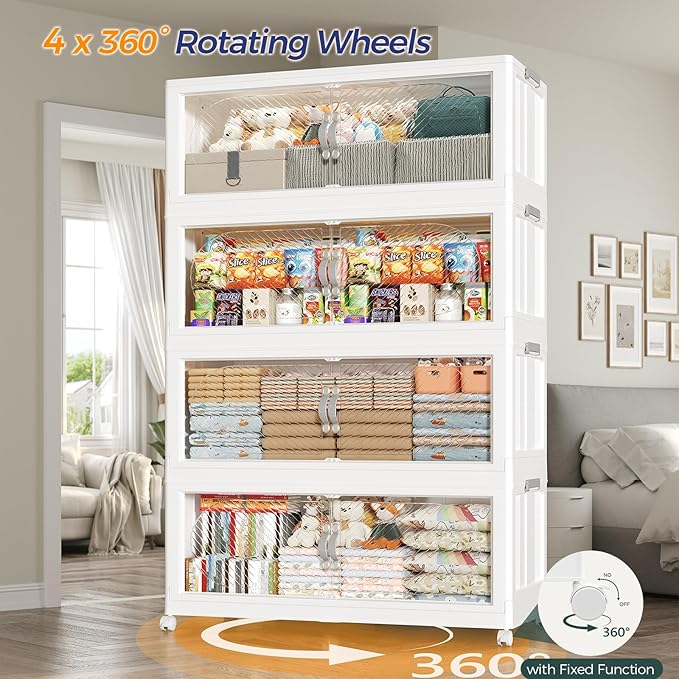 600QT Plastic Stackable Storage Bins with Lid, 150GAL Extra Large Collapsible Box with Wheels Clear Door, Foldable Closet Organizer Container Cabinet Drawer for Home Kitchen，5Pack, White