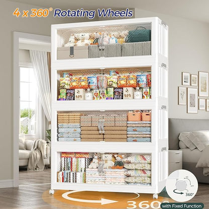480QT Plastic Stackable Storage Bins with Lid, 120GAL Extra Large Collapsible Box with Wheels Clear Door, Foldable Closet Organizer Container Cabinet Drawer for Home Kitchen，4Pack, White