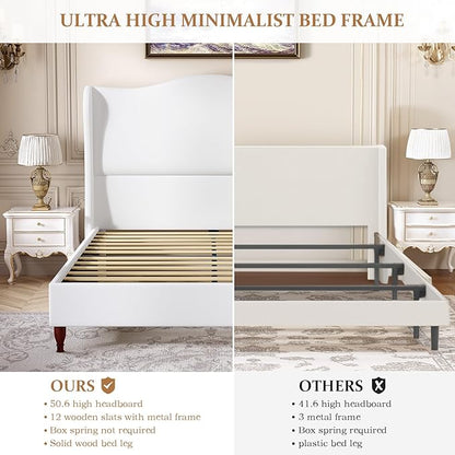 koorlian King Size Bed Frame with 51" Tall Headboard, Fully Upholstered Platform Bed Frame with with Soft Fabric, Sleigh Wingback, Solid Wood Retro Legs, Modern Minimalist Style, Easy Assembly, White