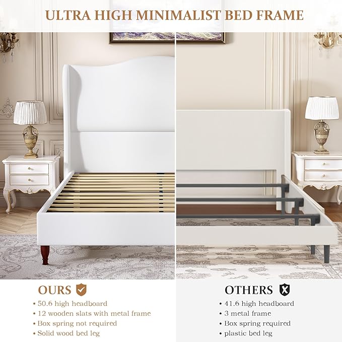 koorlian Full Size Bed Frame with 51" Tall Headboard, Fully Upholstered Platform Bed Frame with with Soft Fabric, Sleigh Wingback, Solid Wood Retro Legs, Modern Minimalist Style, Easy Assembly, White
