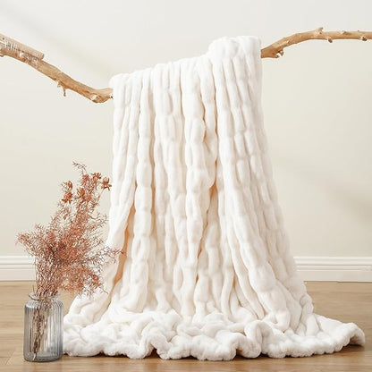 BATTILO HOME Cream Faux Fur Throw Blanket for Bed, Large Double Side Ruched Rabbit Fur Blanket for Couch, Bed, Super Soft Cozy Mink Blanket, 60"x80"