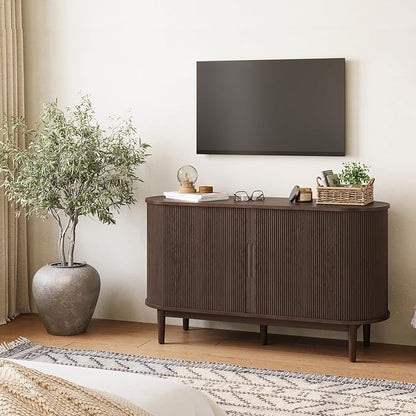 LINSY HOME Sideboard Buffet Cabinet with Storage, 55" Fluted Coffee Bar Cabinet with Tambour Sliding Doors and Drawer, Mid Century Modern Wood Storage Buffet Table for Kitchen, Living Room, Walnut | with Storage, Fluted, Coffee Bar Cabinet, Drawer, Mid...