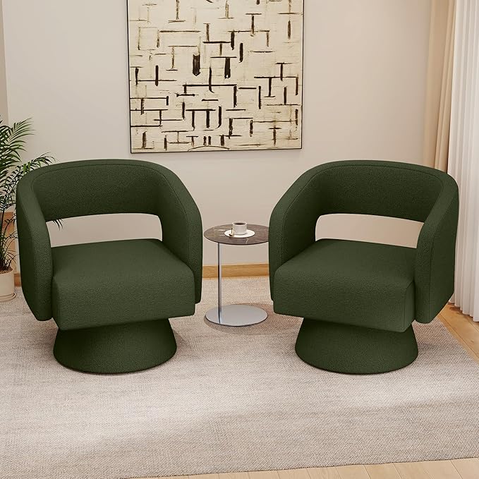 Swivel Accent Chair Set of 2, Modern Comfy Teddy Barrel Chairs, Oversized Upholstered Round Arm Chair for Living Room, Bedroom, Reading Room, Green