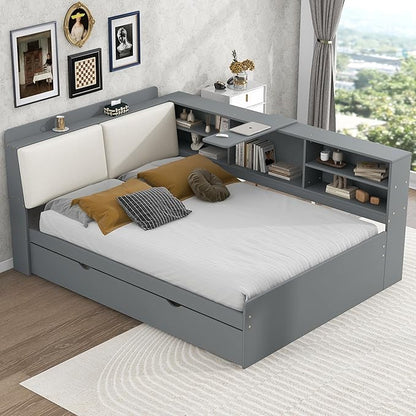 Ball & Cast Full Size Wooden Storage Daybed Frame, Modern Platform Bed with Trundle & Flip Headboard & Shelves, L Shaped Full Floor-Bed w/Upholstered Headboard&Storage, No Box Spring Needed, Gray