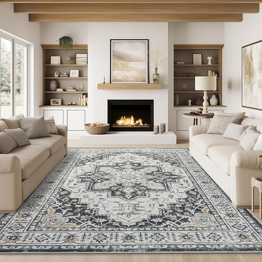 zesthome Area Rug 8x10,Ultra-Thin Washable Rugs for Living Room, Non-Slip Backing Area Rugs,Small Entryway Rug,Vintage Medallion Pattern Rugs (Black,8'x10')