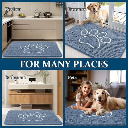 OLANLY Dog Door Mat for Muddy Paws 36x24, Paw Print Design, Absorbs Moisture and Dirt, Non-Slip Washable Doormat, Quick Dry Chenille Mud Mat, Entry Indoor Entryway Carpet, Airy Blue and White