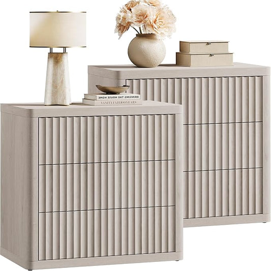 SICOTAS Night Stand Set 2 - Oversized Extra Large Bedside Table Modern Side Table with Storage Fluted 3 Drawer Nightstand 27.5" W End Tables Dorm Room Nightstands for Bedroom Sofa Couch Home Office