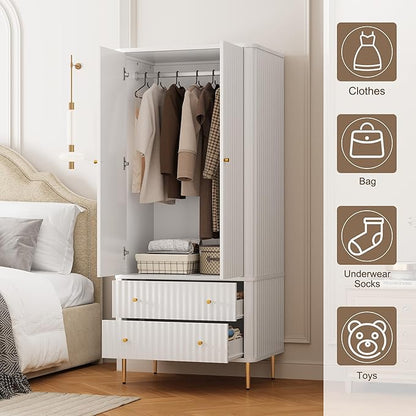 HLR 72" Modern Armoire Wardrobe Closet with Doors and Drawers, Bedroom Armoire Cabinet with Hanging Rod, Wooden Clothing Storage Cabinet Set of 2,White