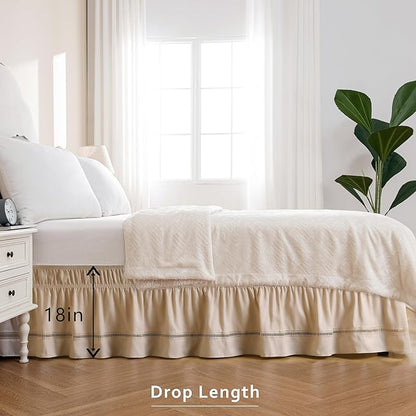 MIYE Wrap Around Ruffled Lace Bed Skirt, Elastic Dust Ruffle with Adjustable Belts, Easy to Put On, Bed Frame Cover, Machine Washable (Ruffled Lace/Beige, Full/Twin-18 Drop)