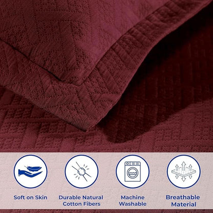 Superior 100% Cotton Basket Weave Bedspread with Shams, All-Season Premium Cotton Matelasse Jacquard Bedding, Quilted-Look Geometric Basket, Full, Garnet