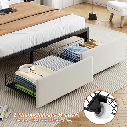 Queen Bed Frame with Storage Headboard and 2 Drawers, Upholstered Button Tufted Platform Bed Frame Queen Size with LED Lights, Charging Station, No Box Spring Needed, Noise Free, Easy Assembly, Beige