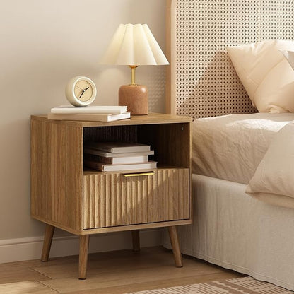 CARPETNAL Fluted Nightstand Set of 2, Walnut Bedside Table with Drawer and Storage Shelf, Wood End Table Mid Century Night Stands for Bedroom Living Room