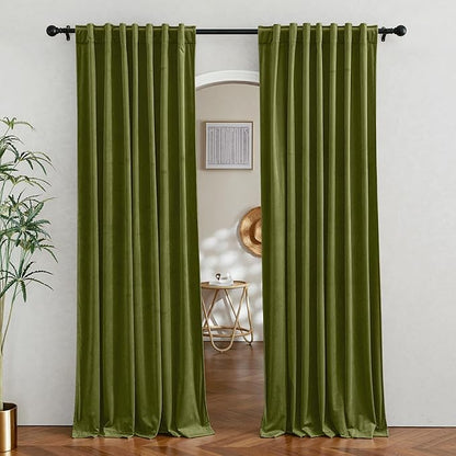 RYB HOME Moss Green Velvet Curtains 80 inches, Back Tab Soft Fabric Room Darkening Thermal Insulated Luxurious Home Decor Curtains for Living Room Bedroom, W 52" x L 80", 2 Panels Set