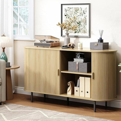 Buffet Cabinet with Storage, Fluted Sideboard Buffet with Sliding Door, Coffee Bar Cabinet with Adjustable Shelf, Console Table, Accent Table for Entryway, Kitchen (Oak, 55 Inch)