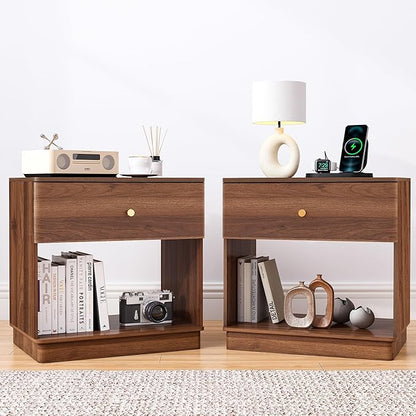 Narrow Nightstand Set of 2, Wooden Small 2 Drawer Nightstand, Slim Side End Table, Skinny Bedside Table, Mid Century Modern Night Stand with Drawers, for Living Room (Walnut-Charging Station-2 pcs)