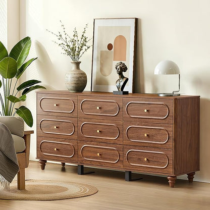 9 Drawer Fluted Dresser for Bedroom, Mid Century Modern Chest of Drawers, Wood Storage Small Dresser Organizer for Bedroom Living Room Hallway Closet, Walnut