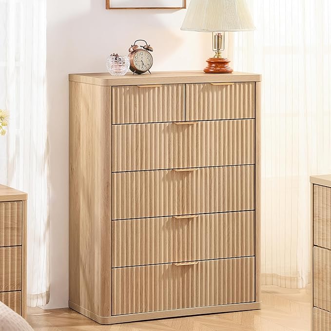 LEYAOYAO 42" Tall Fluted Dresser and 3 Drawers 23" Nightstand Set of 2, Wooden Dresser & Night Stand with Charging Station, 3 Piece Bedroom Furniture Set, Wood Chest of Drawer for Living Room,Natural