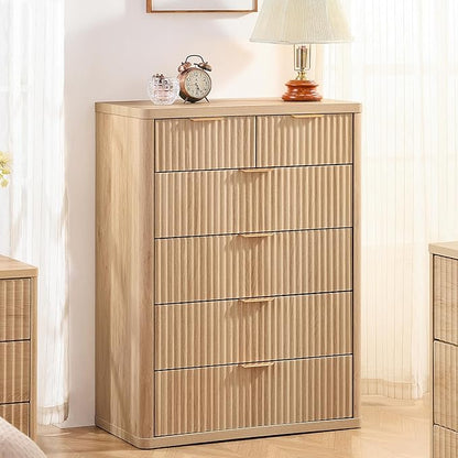 LEYAOYAO 42" Tall Fluted Dresser and 3 Drawers 23" Nightstand Set of 2, Wooden Dresser & Night Stand with Charging Station, 3 Piece Bedroom Furniture Set, Wood Chest of Drawer for Living Room,Natural