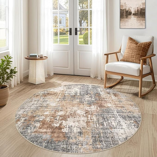 5ft Round Area Rug Living Room Rugs - 5x5 Washable Large Soft Indoor Neutral Modern Abstract Low Pile Rug Carpet for Bedroom Dining Room Farmhouse Home Office - Grey Brown