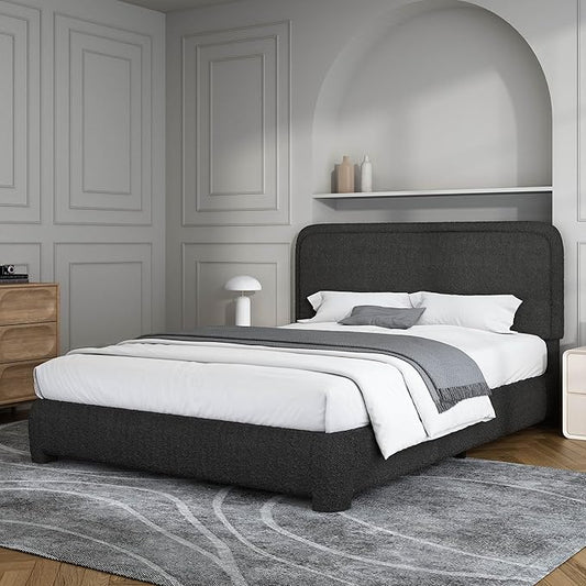 BarnFurin Full Size Bed Frame, Boucle Upholstered Platform Bed Frame with Headboard, Modern Style, Soft Rounded Corners, No Box Spring Required, Easy Assembly, Black