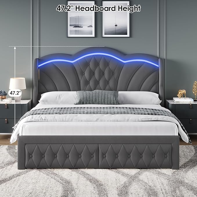 Keyluv Full Bed Frame with LED Lights and 2 Storage Drawers, Velvet Upholstered Platform with 47" Tall Arc-Shaped Wingback Headboard and Button Tufted Design, No Box Spring Needed, Noise-Free, Gray
