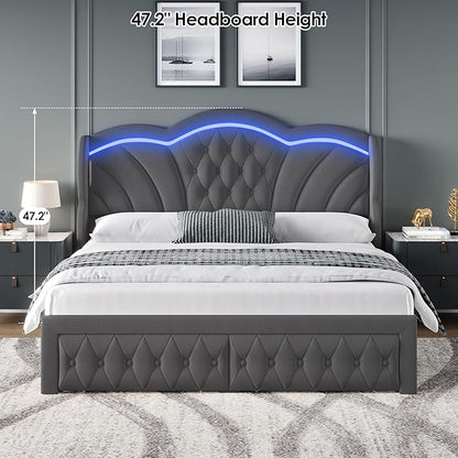 Keyluv Full Bed Frame with LED Lights and 2 Storage Drawers, Velvet Upholstered Platform with 47" Tall Arc-Shaped Wingback Headboard and Button Tufted Design, No Box Spring Needed, Noise-Free, Gray