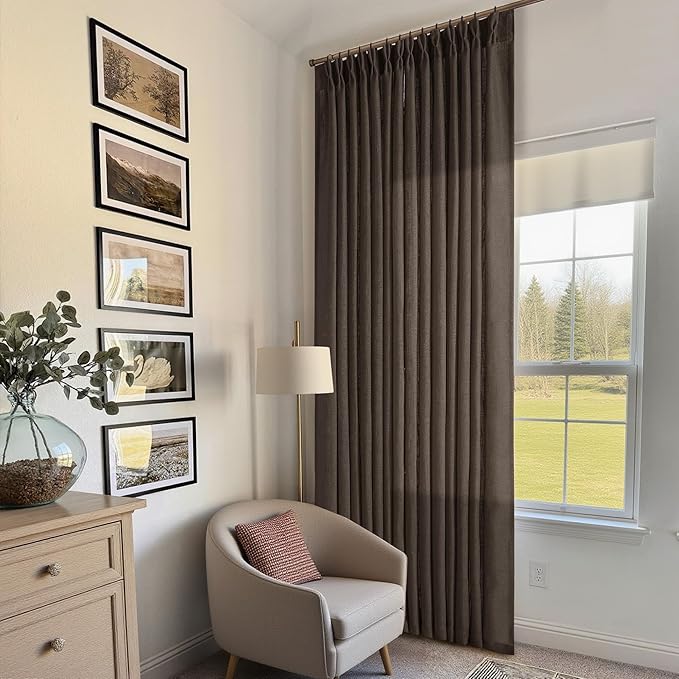 Dark Chocolate Pinch Pleated Linen Curtains 2 Panels for Living Room Bedroom Memory Training Shaped Semi Sheer Pleat Drapes with Hooks Rings Light Filtering Window Curtain 40x108
