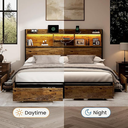 Queen Storage Bed Frame with 6 Drawers, USB Charging Station, No Noise, No Box Spring Required, Vintage Brown Headboard Platform Bed