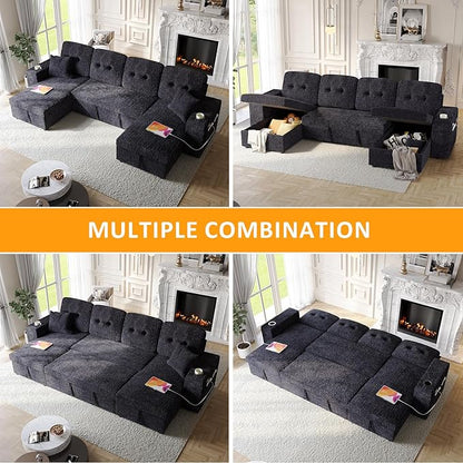 117" Sleeper Sofa Bed, U-Shaped Sofa with Dual Reversible Storage Chaise | Adjustable Backrest | Wide Armrest, Sectional Couches for Living Room, 4 in 1 Pull Out Couch Bed, Navy Blue Chenille