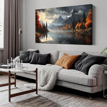 Landscape Wall Art for Living Room Bedroom Home Office Gray Wall Art Mountain Lake Pictures Modern Landscape Large Artwork Framed Canvas Prints 24x48 Inch