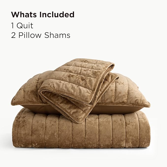 Bedsure Velvet Quilt Queen Size Set - Lightweight Velvet Comforter Queen, Luxury Bedspread Coverlet, Ultra-Soft Winter Bedding Set with 2 Pillow Shams, 90"x96", Caramel Gold