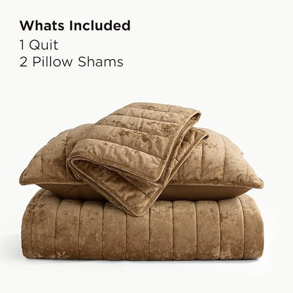 Bedsure Velvet Quilt Queen Size Set - Lightweight Velvet Comforter Queen, Luxury Bedspread Coverlet, Ultra-Soft Winter Bedding Set with 2 Pillow Shams, 90"x96", Caramel Gold
