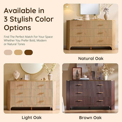 Fluted 6 Drawer Dresser for Bedroom with Curved Profile Design,53.9" W Chest of Drawers with Reeded Texture,Wide Storage Cabinet with Smooth-Glide Drawers,gold metal handle or Living Room,Light Oak