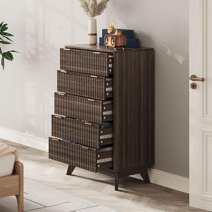 43'' Hight 5 Drawers Dresser for Bedroom,Modern Fluted Vertical Chest with Rounded Corners,Fluted Dresser for Living Room,Hallway, Walnut