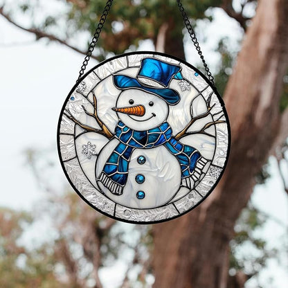 Stained Glass Window Hanging 4 Pcs Set White Winter Christmas Snow Scene 9.8" - Suncatcher Door Garden Sun Catcher Decor Birthday for Mom Woman Nana Men Friend Wife