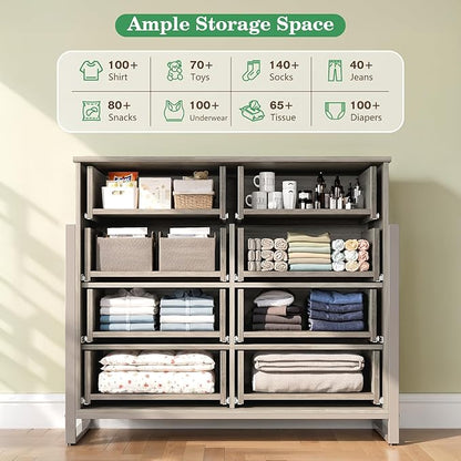LGHM Fluted Dresser for Bedroom with 8 Drawers, Modern 8 Drawers Dressers with Semi-Cylindrical, Chest of Drawers Closet Organizers and Storage Clothes, 43" Tall Dresser with Bold Steel Frame, Gray