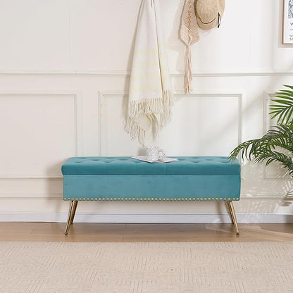 Velvet Storage Bench with Gold Legs& Nailhead Trim, 46" Wide Upholstered Modern Bedroom Bench for End of Bed, Tufted Ottoman for Entryway Living Room Dining Room (Sage Green, 46" Wide)
