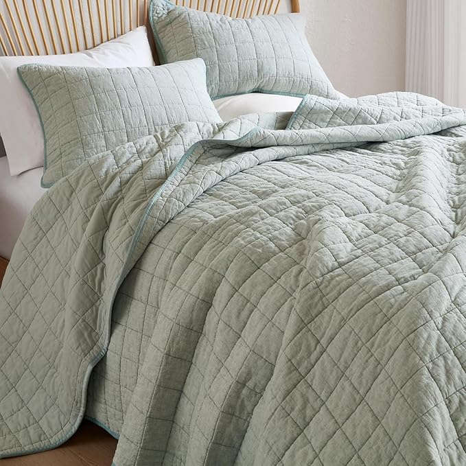 Hyde Lane Luxury Linen Quilt Set King Size, European Flax Cotton Blend Bedding for Bedspread and Coverlet, Box Stitched, with 2 Pillow Shams, 106"x96", Sage