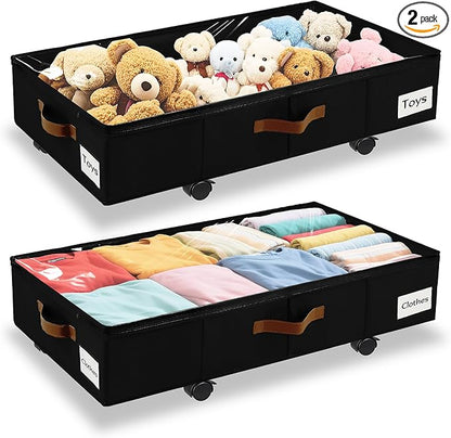 2 Pack Under Bed Storage with Wheels – 30.5×17×5.5 Inch, Underbed Storage with Sturdy Sidewalls/Bottom, Clear Cover, Label and PU Handle, Rolling Under Bed Drawers for Clothes, Shoes, Toys, Blankets