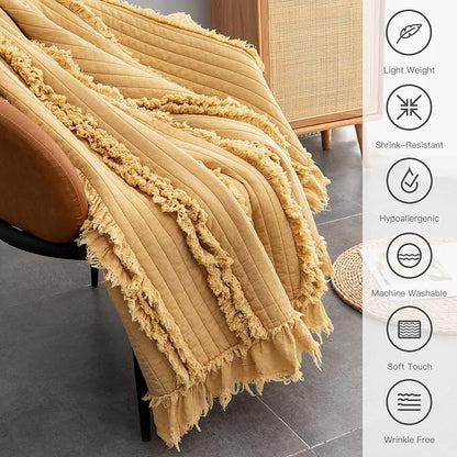 Ultra Soft Pre-Washed Quilted Boho Yellow King Size Blankets for Bed, Ruffle Fringed Decorative Throw, Stone Washed Chic Rustic Blanket for Sofa Couch Bed, 104"*90"
