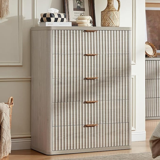LEYAOYAO Fluted 5 Drawers Dresser for Bedroom, 41" Tall Modern Chest of Drawers with Metal Handle, Curved Profile Farmhouse Closet Organizer Wood Dressers TV Stand for Living Room, Hallway, Lightgrey